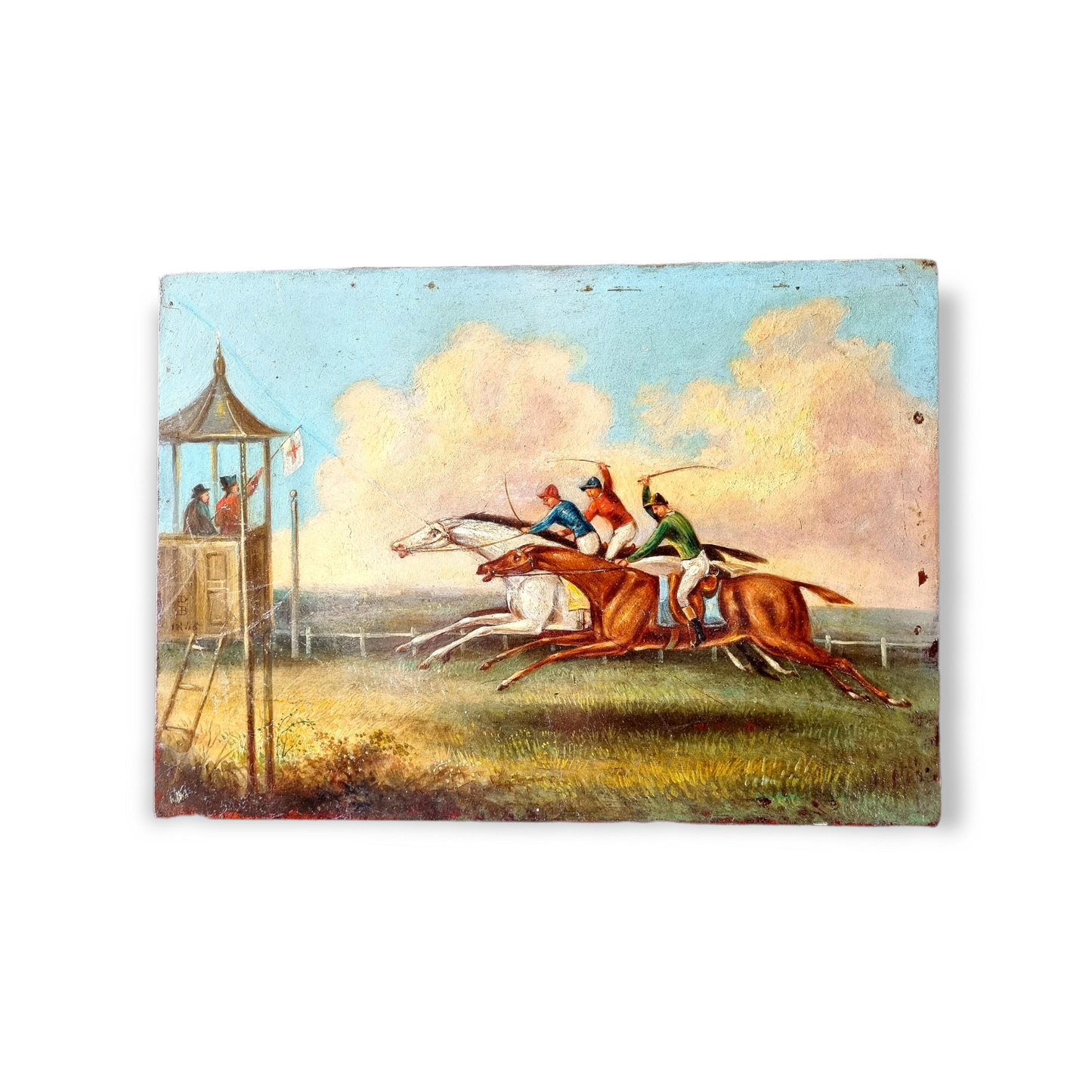 Mid 19th Century Primitive English School Antique Oil on Panel / Painting of a Horse Race, Signed "DB IR" and Dated "1845"