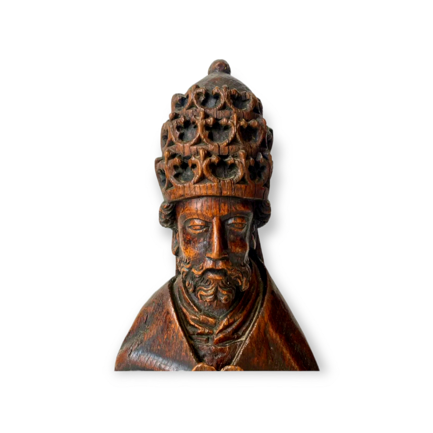 Late 15th Century / Early 16th Century French Antique Carved Oak Sculpture of a Saint with Papal Crown / Papal Tiara