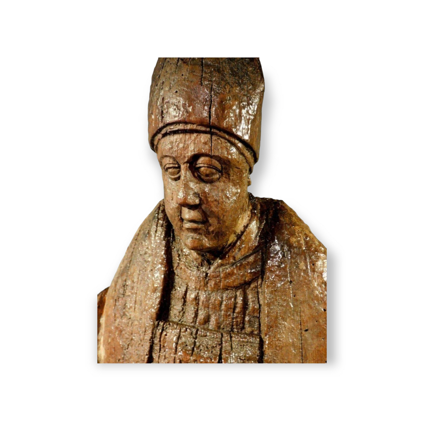 Large Late 15th Century Gothic Antique Carved Oak Sculpture of a Bishop Saint