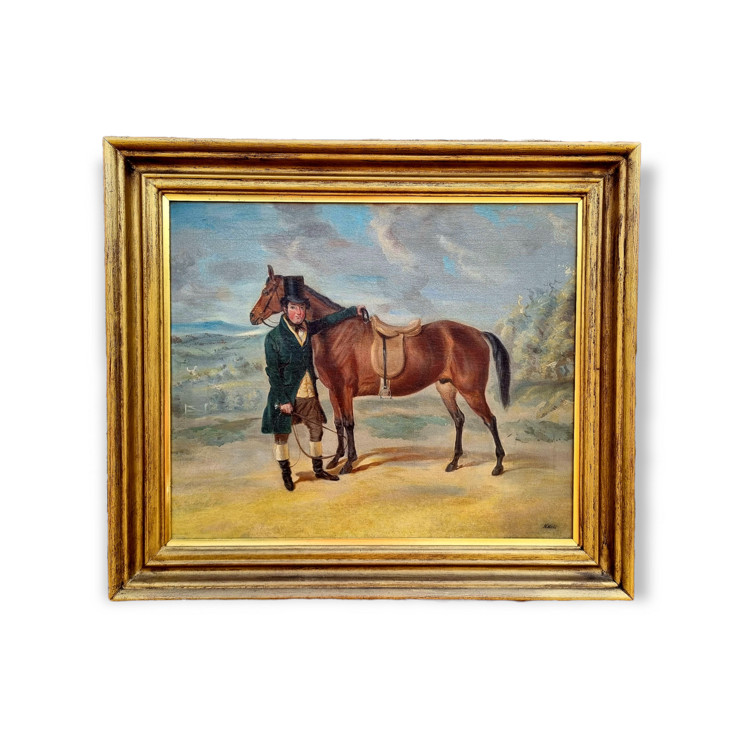 Mid 19th Century English School Antique Oil Portrait Painting of a Gentleman Farmer and His Prize Horse, Signed "H Hall"
