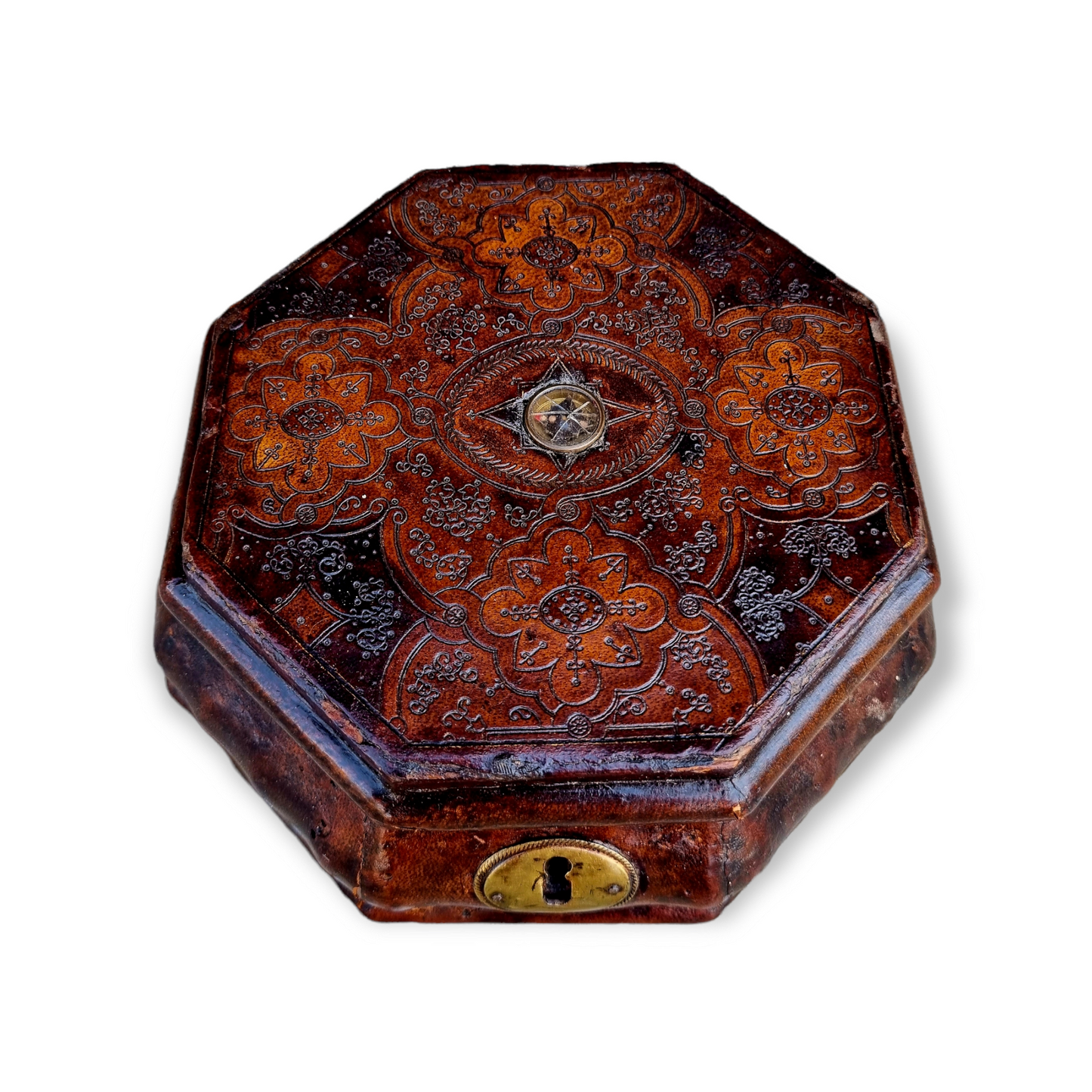 Mid 18th Century Antique Tooled Leather Box / Travelling Case With A Rare Inlaid Compass to the Lid