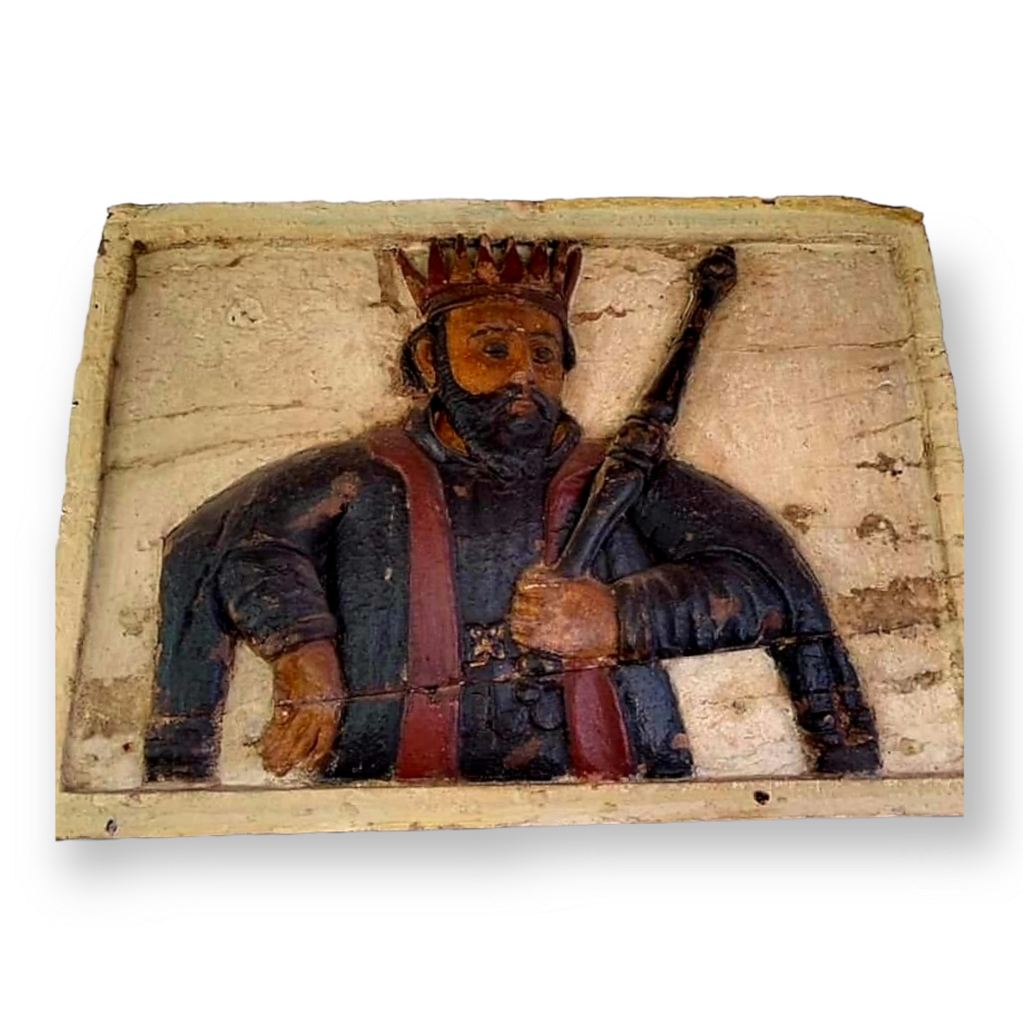 Large Mid 17th Century Indo-Portuguese Antique Carved Wooden Panel Depicting a King or Saint
