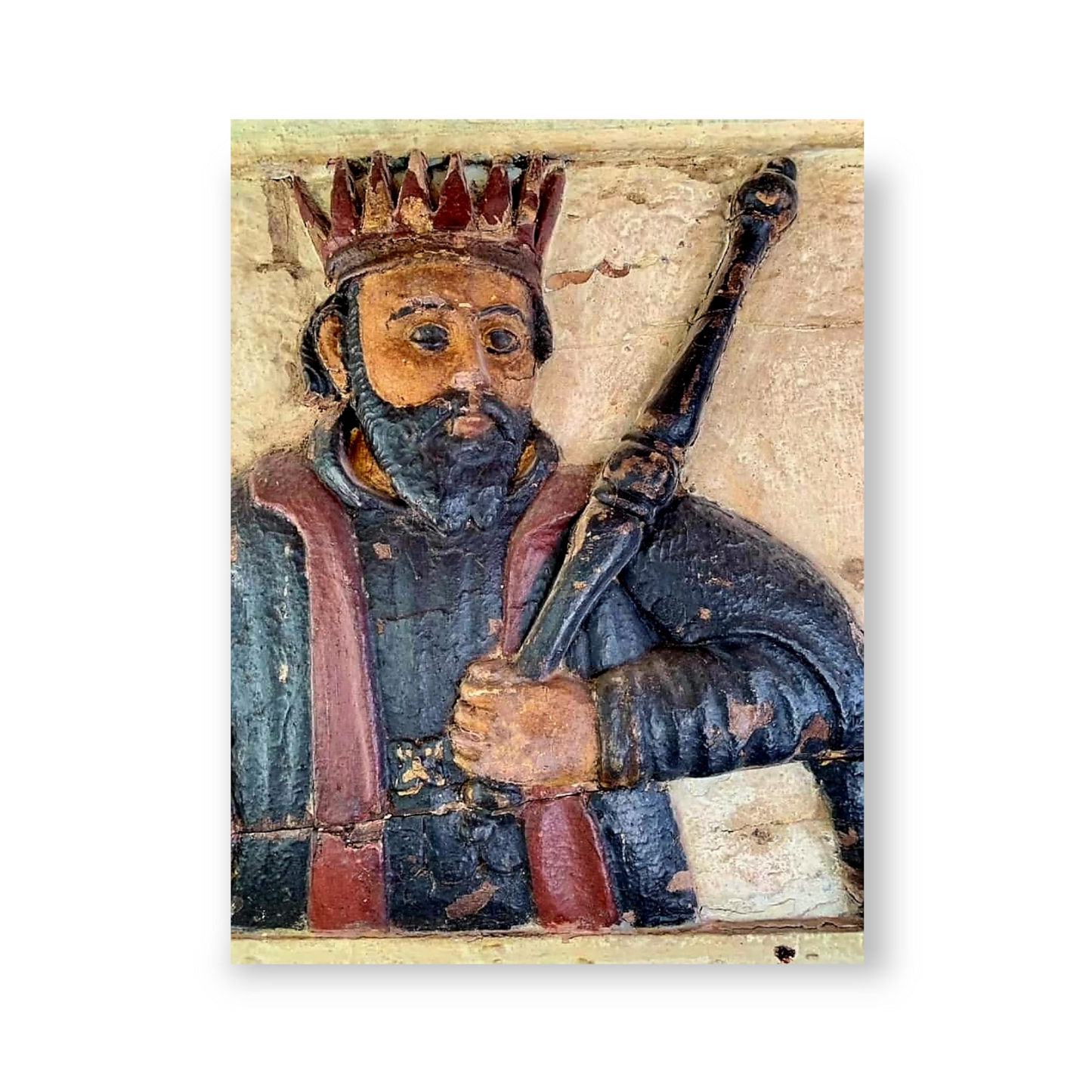 Large Mid 17th Century Indo-Portuguese Antique Carved Wooden Panel Depicting a King or Saint