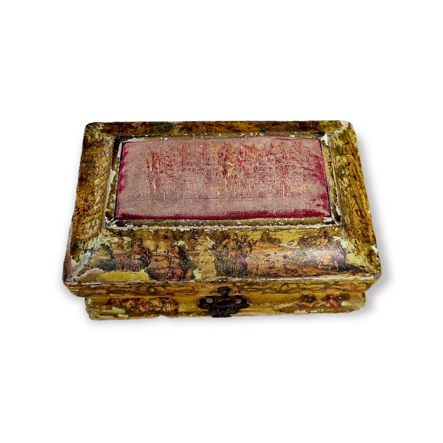 18th Century Italian Antique Box With Decoupage Decoration And Pincushion