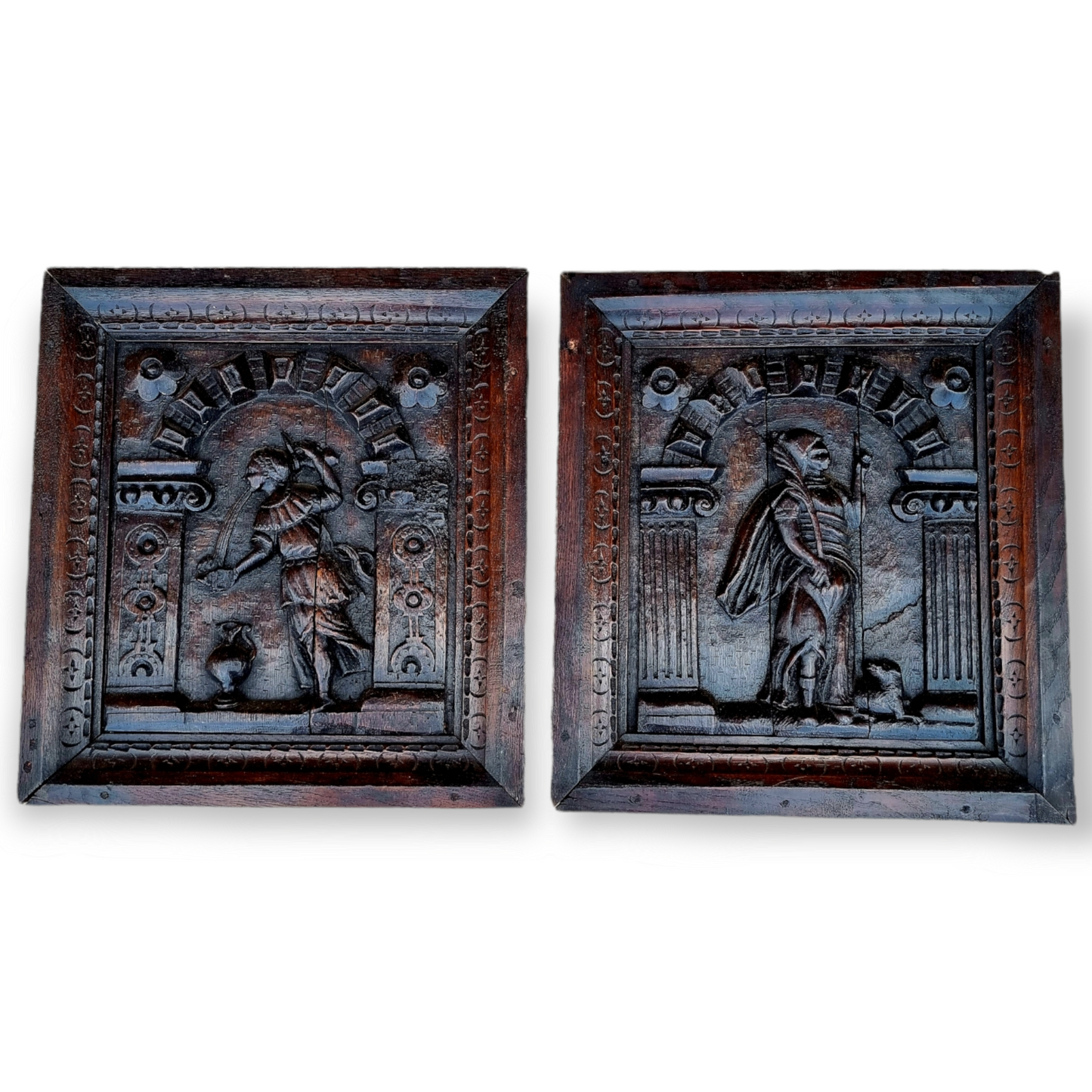 Pair of 17th Century Flemish Antique Carved Oak Panels
