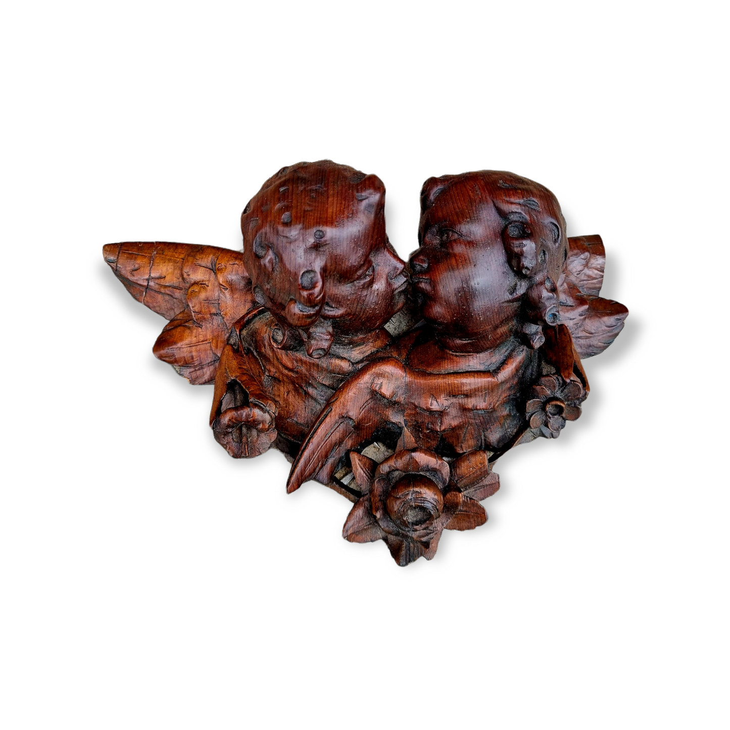 Decorative 19th Century Antique Carved Pine Depiction of Two Winged Cherubs / Putti Kissing