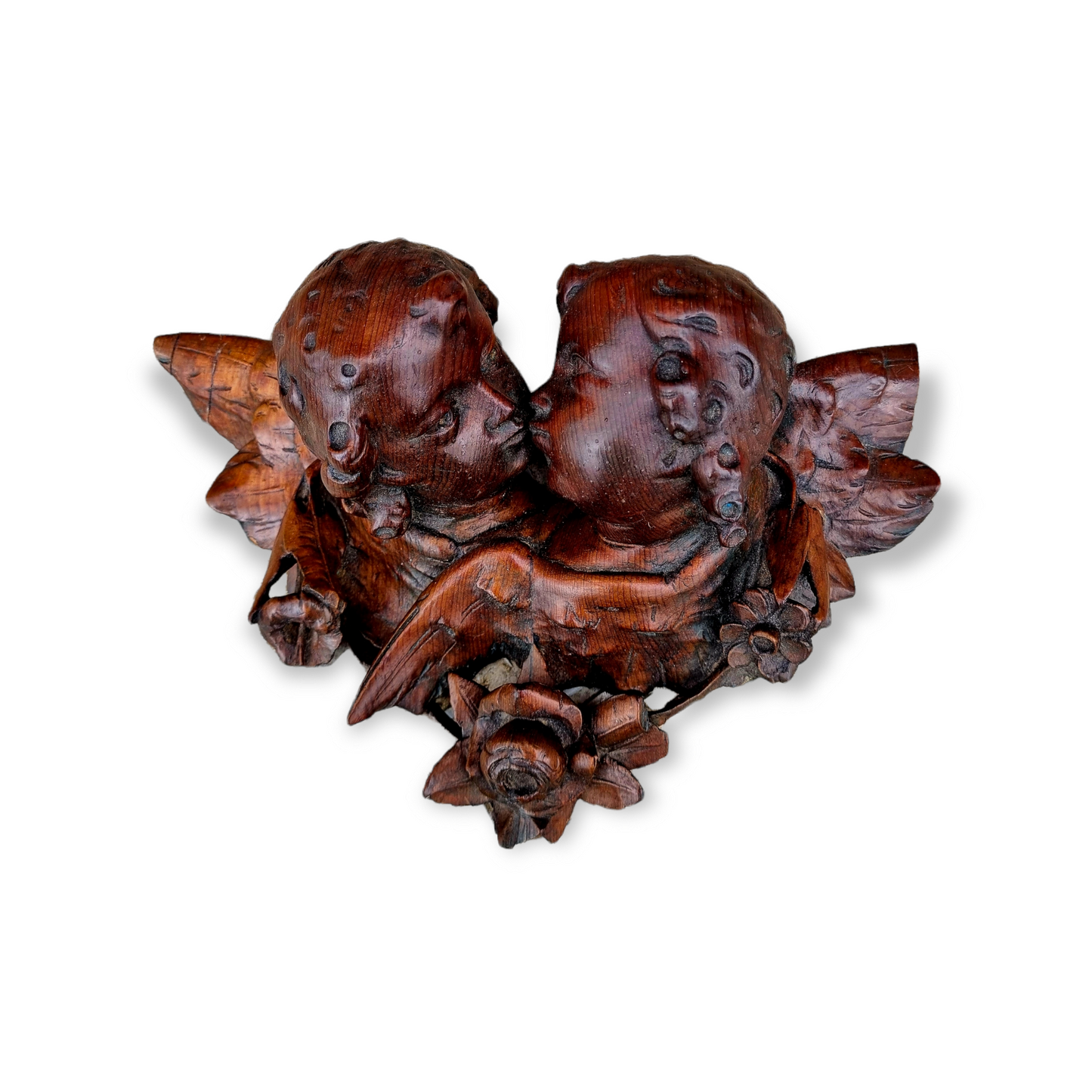 Decorative 19th Century Antique Carved Pine Depiction of Two Winged Cherubs / Putti Kissing