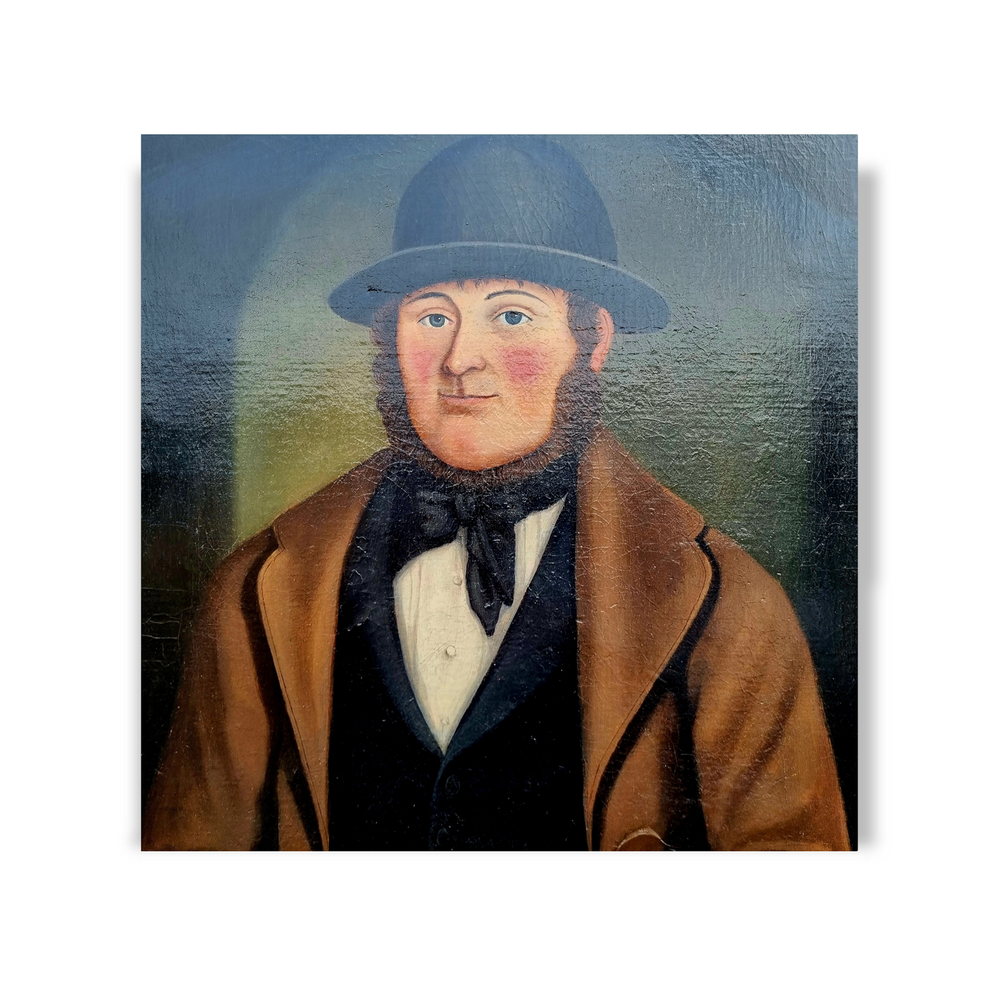 19th Century Primitive / Naïve English School Antique Oil On Canvas Portrait Of A Squire Wearing A Bowler Hat