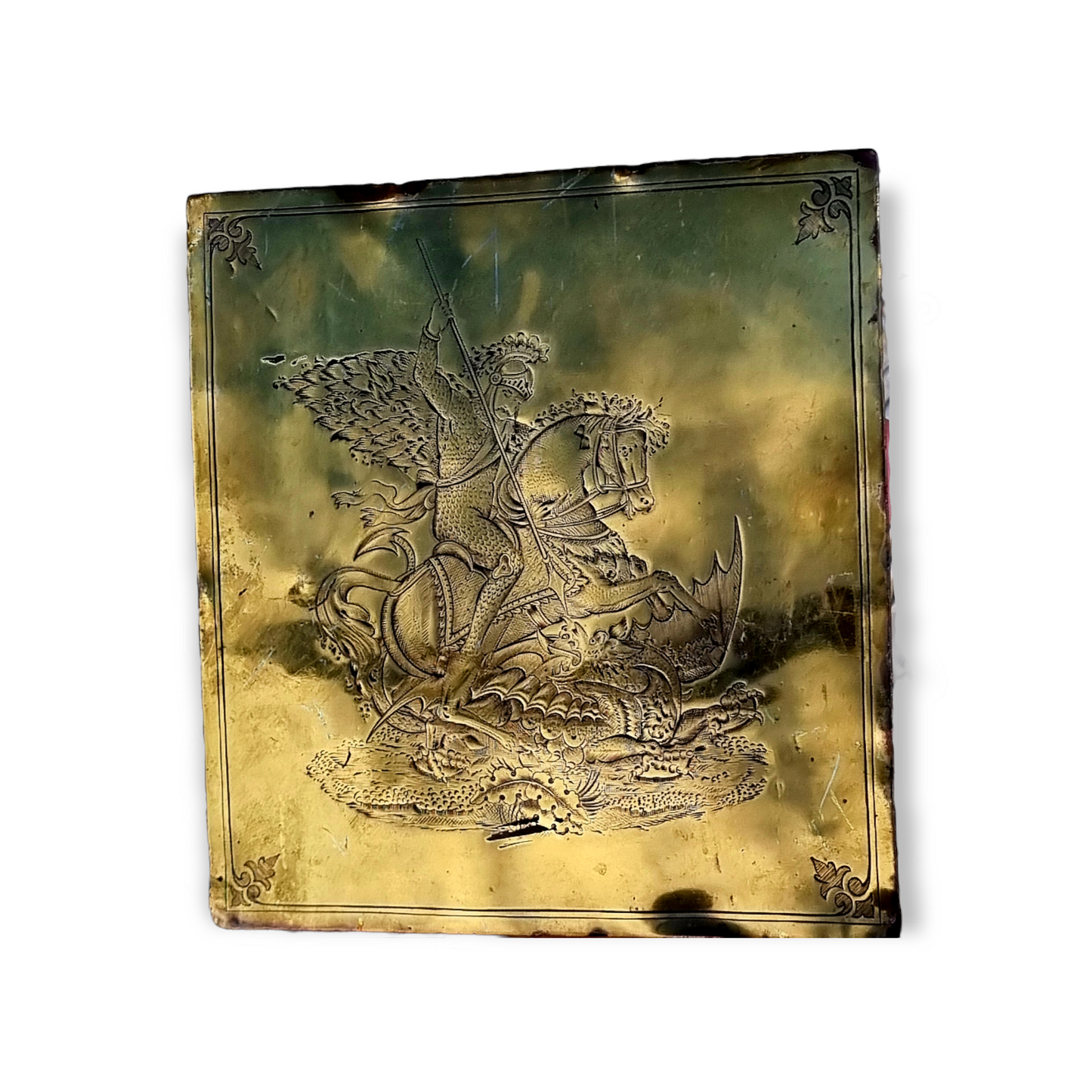 19th Century English Antique Brass Plaque Engraved With Saint George Slaying The Dragon