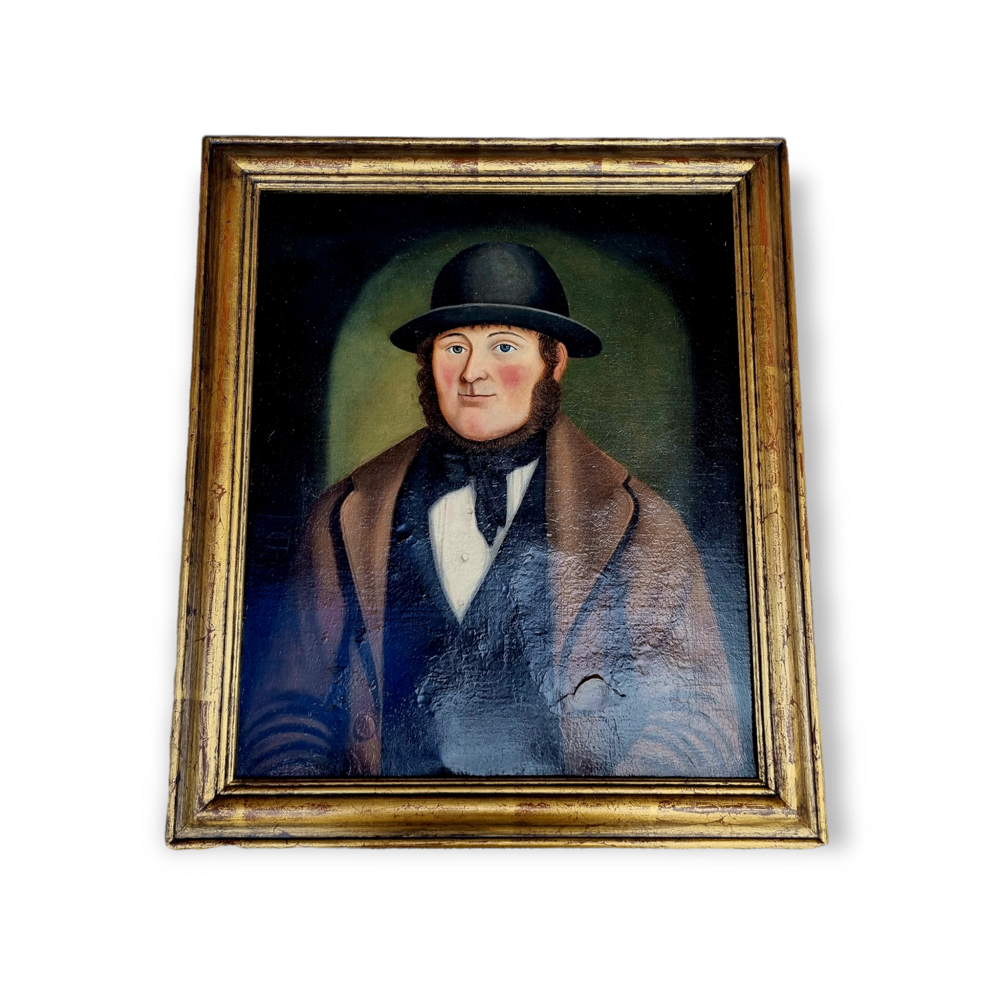 19th Century Primitive / Naïve English School Antique Oil On Canvas Portrait Of A Squire Wearing A Bowler Hat