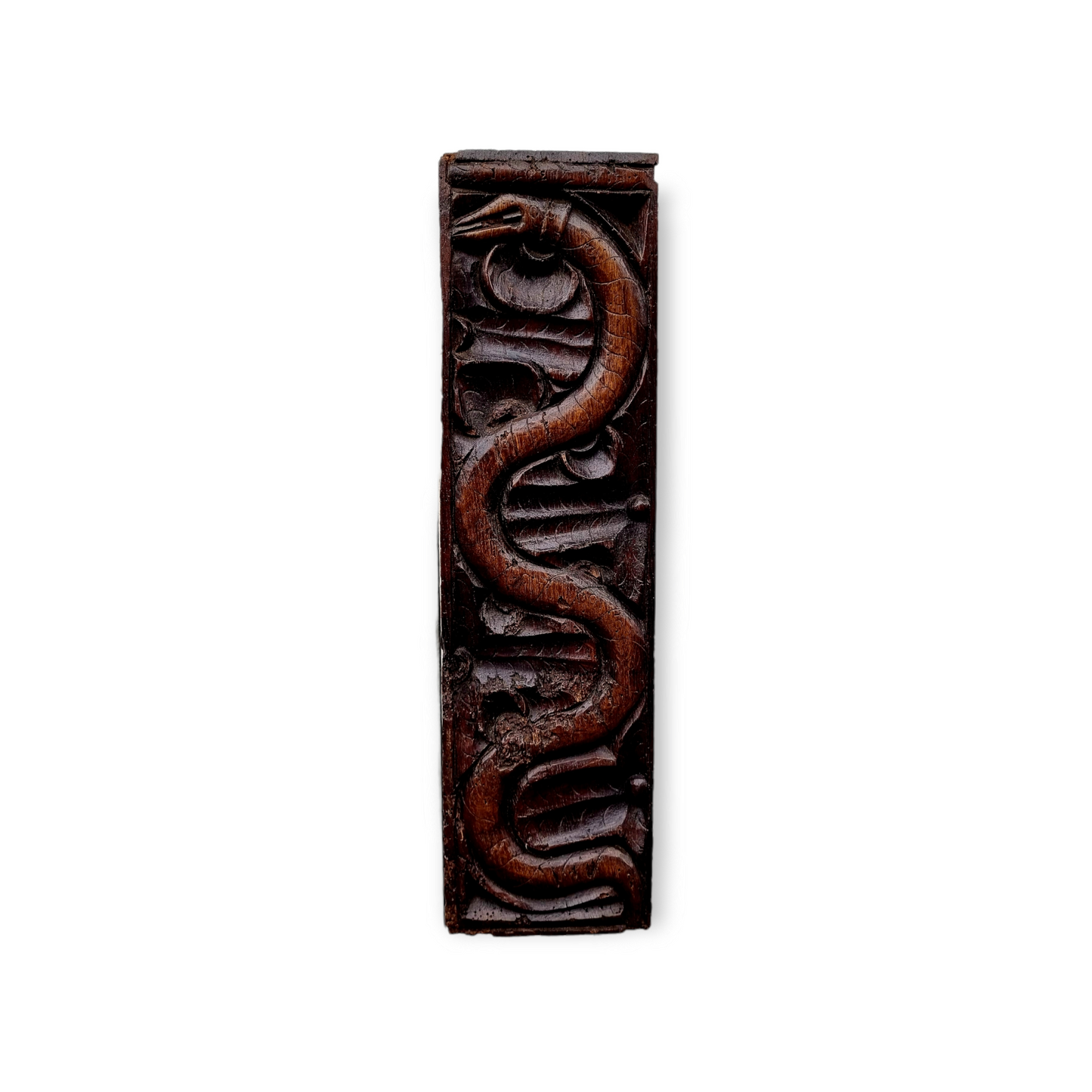 Late 16th Century / Early 17th Century Antique Carved Oak Panel Depicting A Serpent / Snake