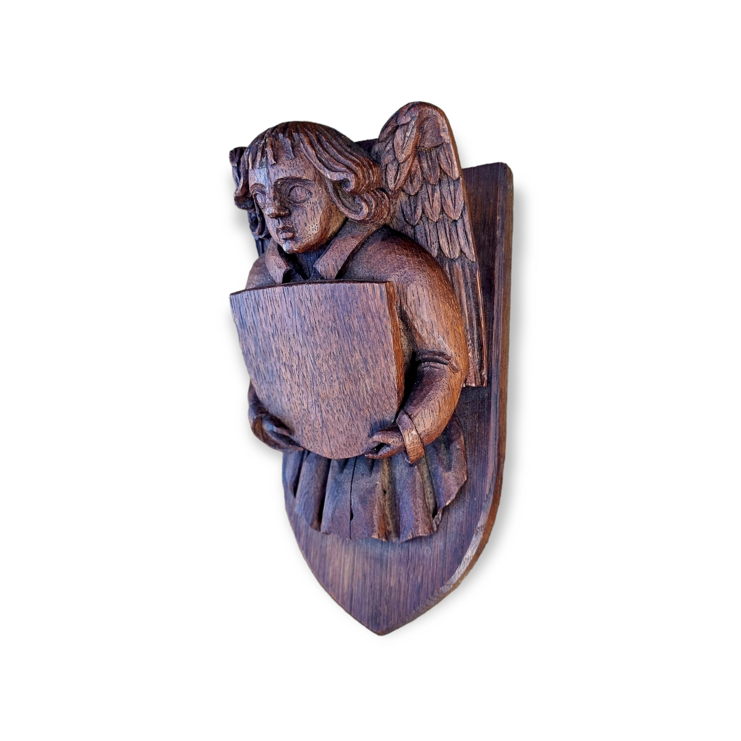 Late Medieval Style, 19th Century Made, English Antique Carved Oak Panel Depicting an Angel Bearing a Shield