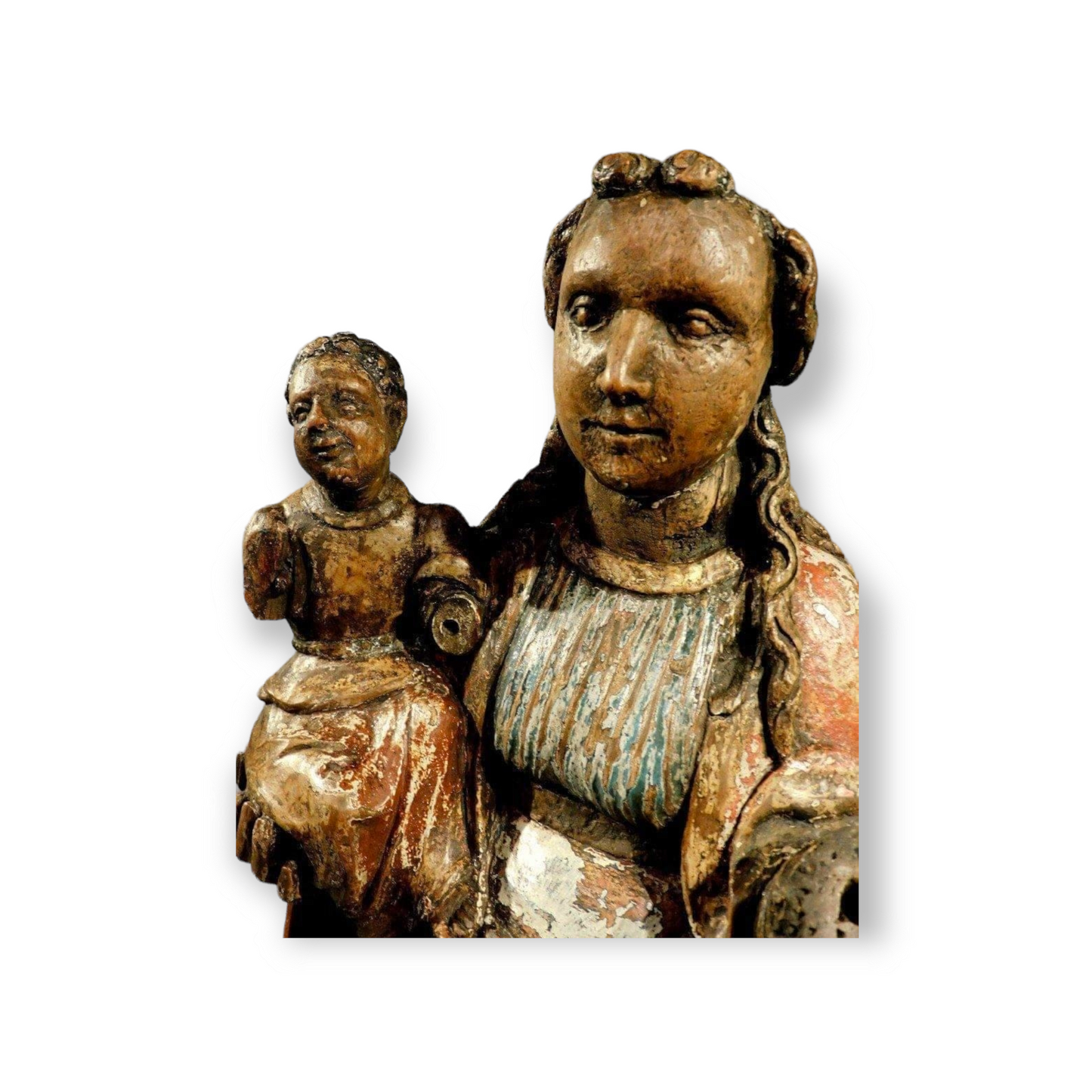 Late 15th Century German Antique Carved Oak Sculpture Of The Virgin Mary And Child