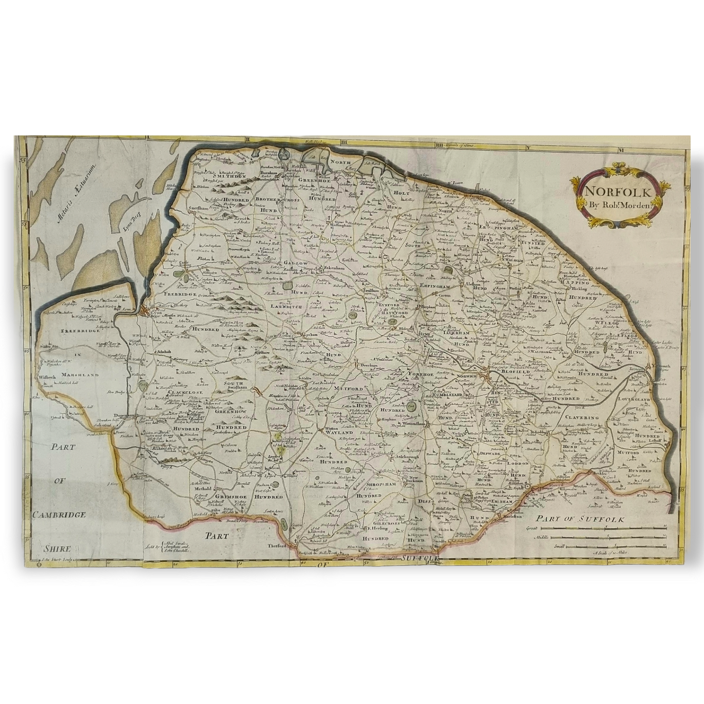 Original 17th Century Antique Map of The County of Norfolk, England, by Robert Mordern, Circa 1695