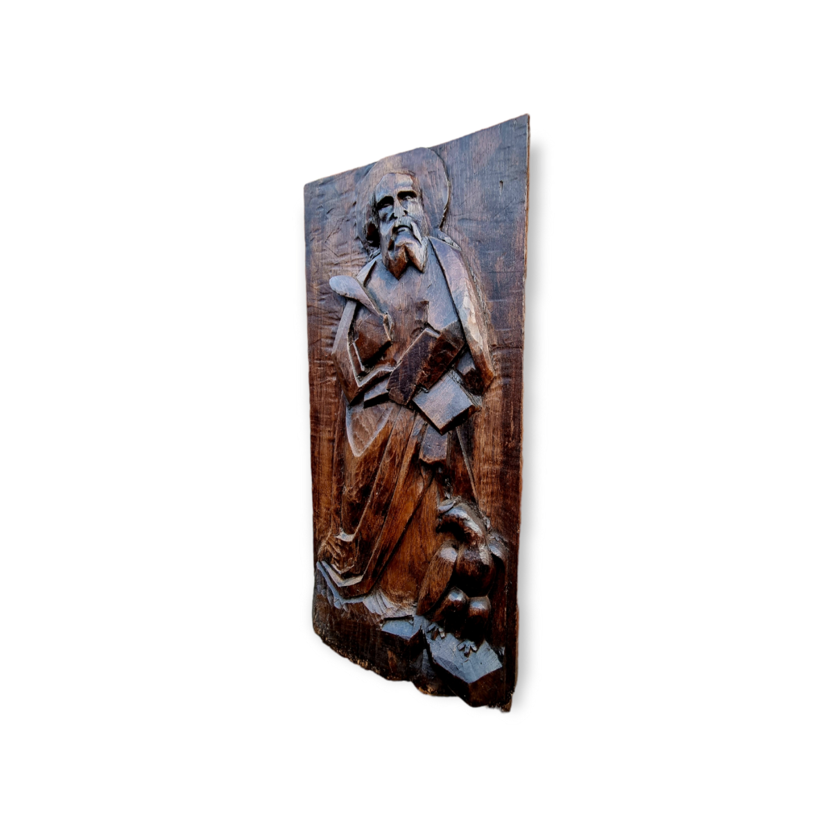 Naive Late 17th Century / Early 18th Century French Antique Carved Oak Figural Panel Of Saint John