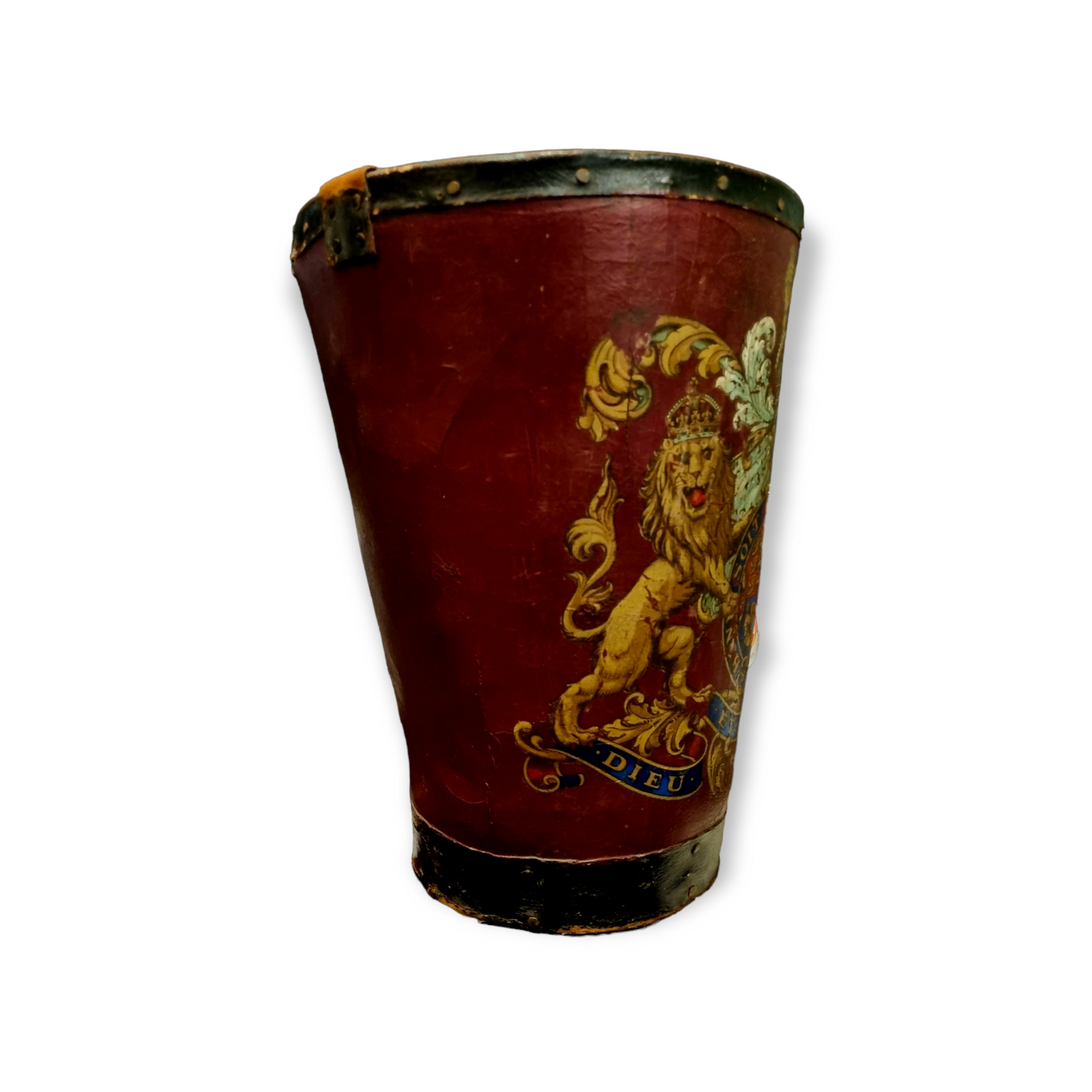 19th Century English Antique Leather Fire Bucket With Royal Coat of Arms