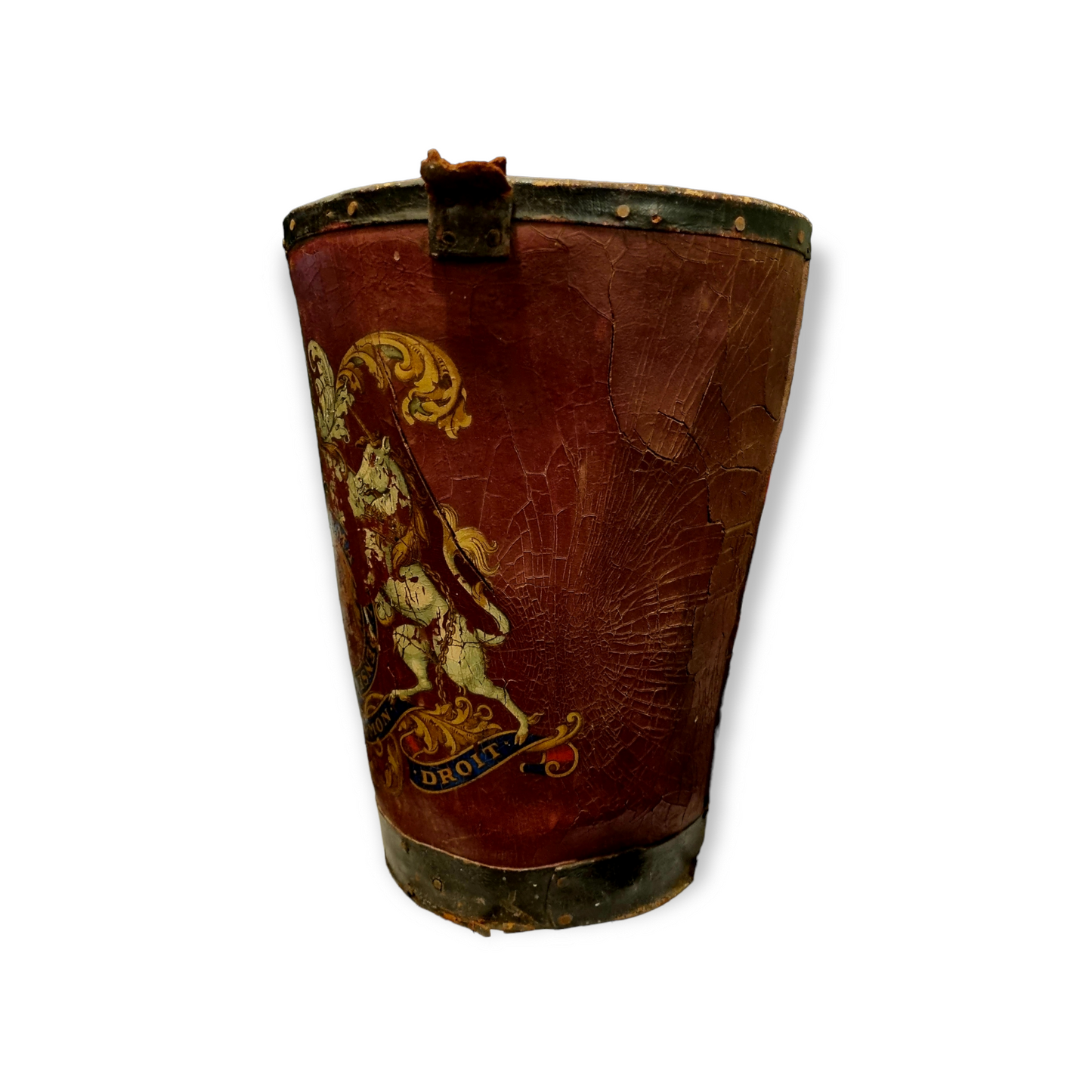 19th Century English Antique Leather Fire Bucket With Royal Coat of Arms