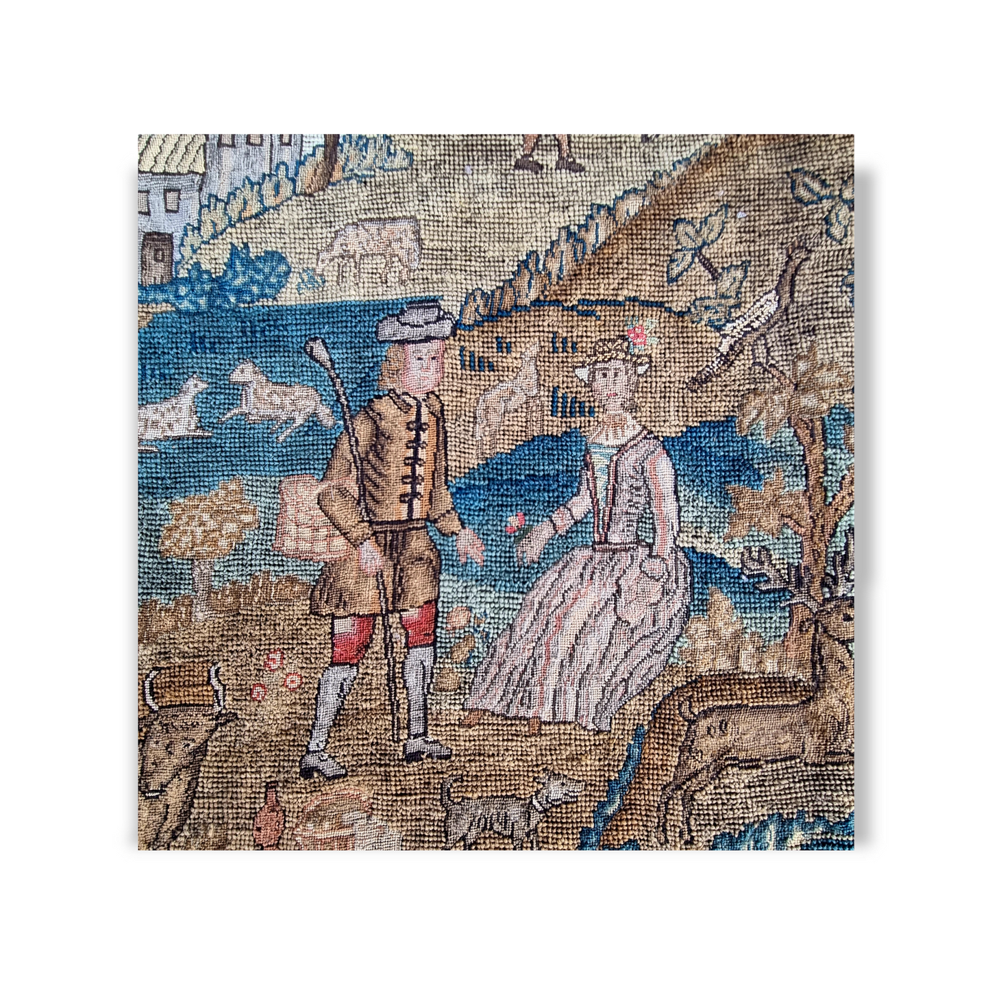 Rare Subject Matter - A Large 17th Century English Antique Needlework Depicting A Country Scene