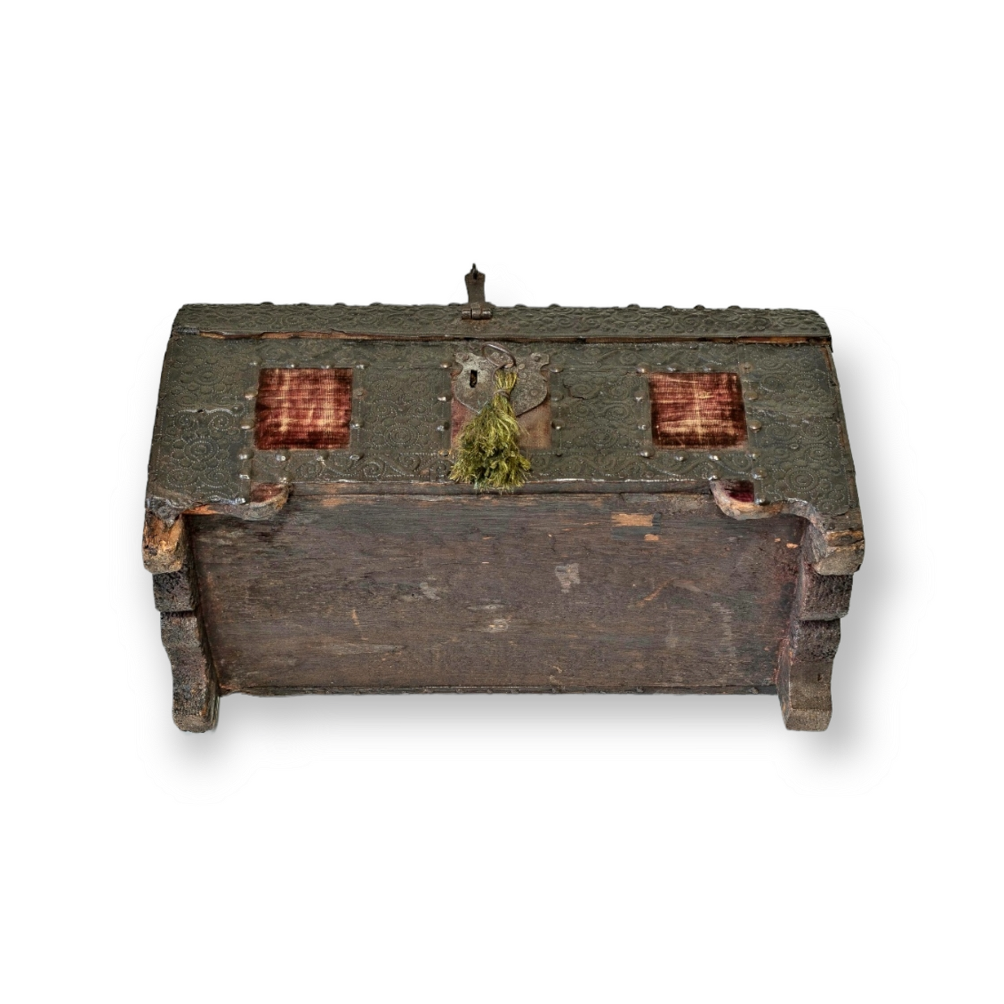 A 17th Century Iberian Antique Repousee-Worked Sheet Iron And Velvet Covered Table Casket, Circa 1650-90