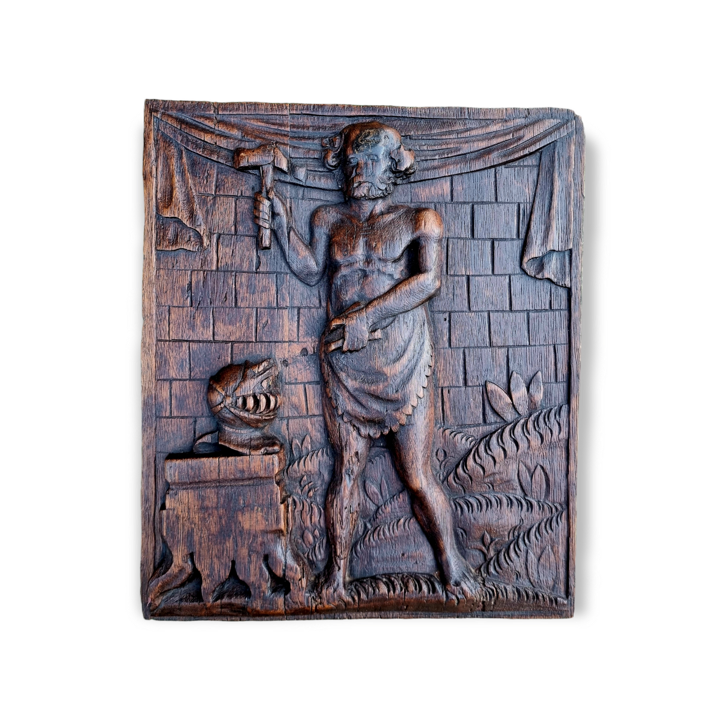 Early 18th Century Flemish Antique Carved Oak Panel Portraying a Blacksmith