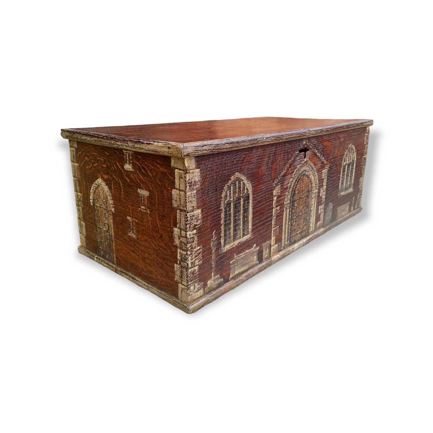 Early 19th Century English Antique Oak Boarded Box With Folk Art Painted Gothic Scene