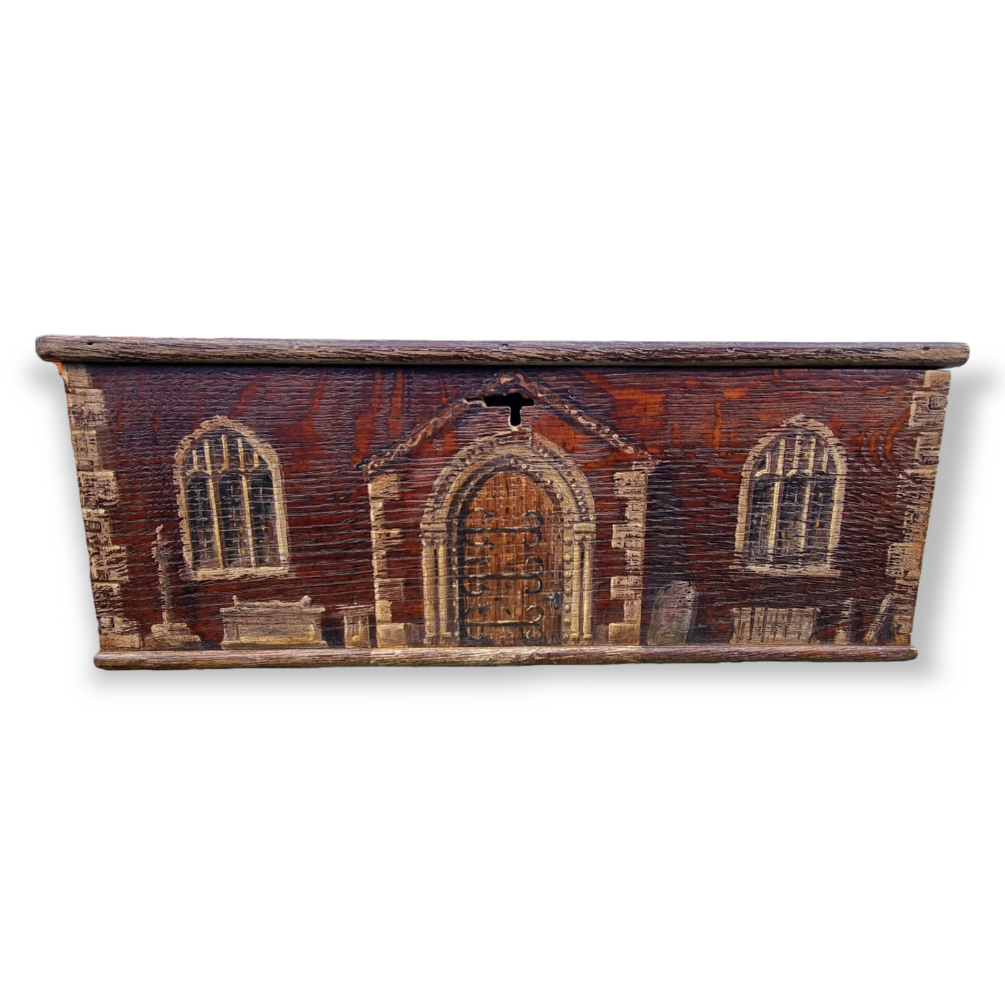 Early 19th Century English Antique Oak Boarded Box With Folk Art Painted Gothic Scene