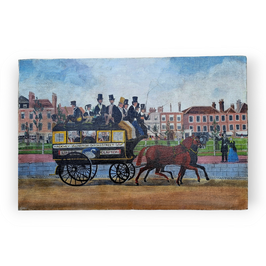 Naive Late 19th Century English School Antique Oil On Canvas Of A London-Based Horse Drawn Bus / Horse-Bus Or Omnibus