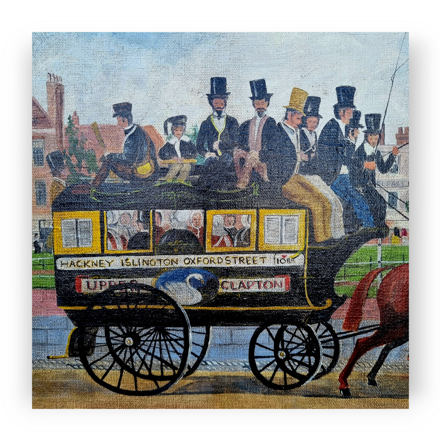 Naive Late 19th Century English School Antique Oil On Canvas Of A London-Based Horse Drawn Bus / Horse-Bus Or Omnibus