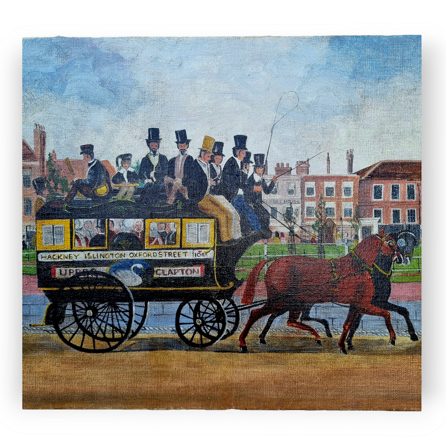 Naive Late 19th Century English School Antique Oil On Canvas Of A London-Based Horse Drawn Bus / Horse-Bus Or Omnibus