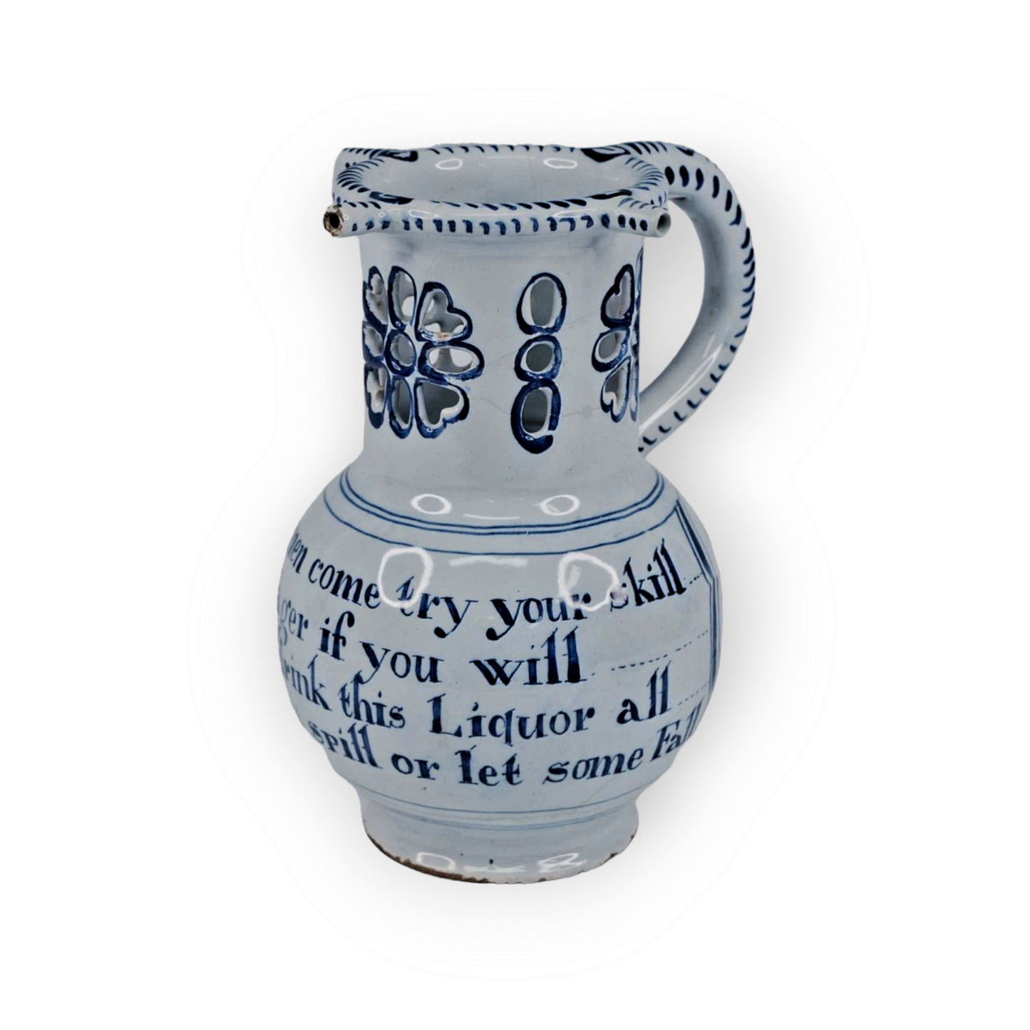 Mid 18thC English Antique Blue & White Delftware Puzzle Jug, Attributed to Liverpool, Circa 1765