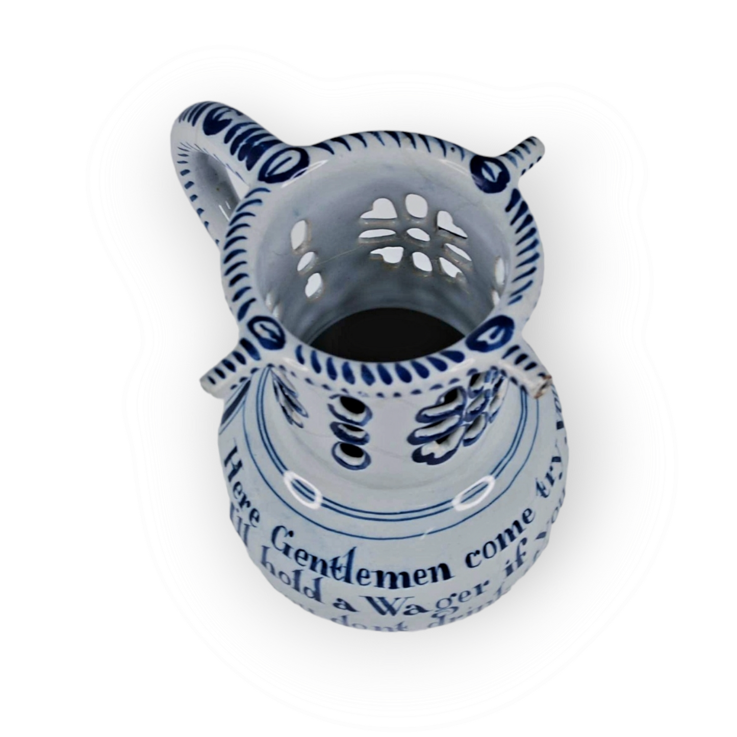 Mid 18thC English Antique Blue & White Delftware Puzzle Jug, Attributed to Liverpool, Circa 1765