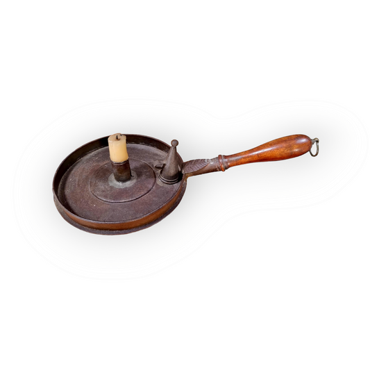 19th Century English Antique Toleware Chamberstick With Turned Wooden Handle and Candlesnuffer