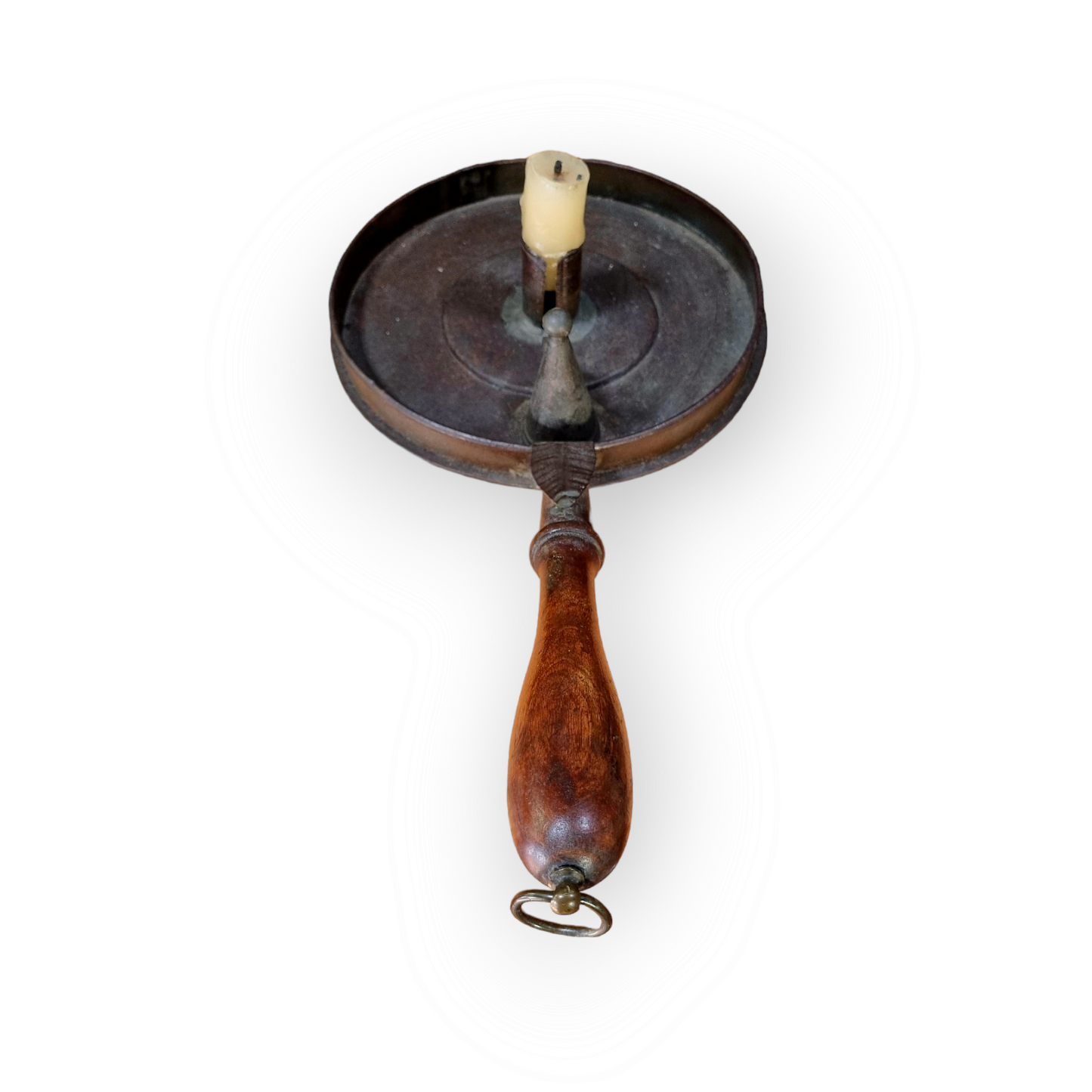 19th Century English Antique Toleware Chamberstick With Turned Wooden Handle and Candlesnuffer