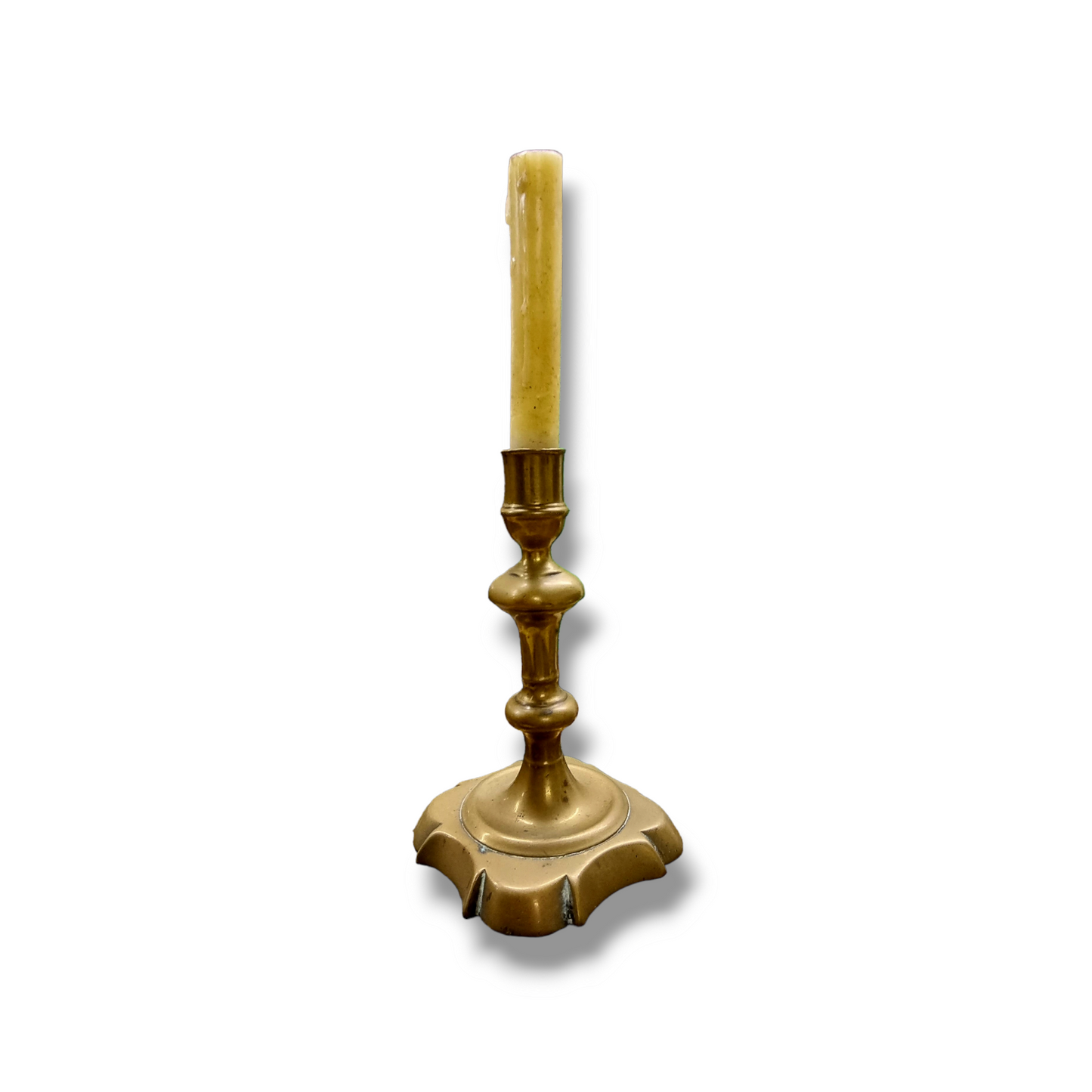 Mid 18th Century English Antique Brass Seamed Candlestick , Circa 1745-1765