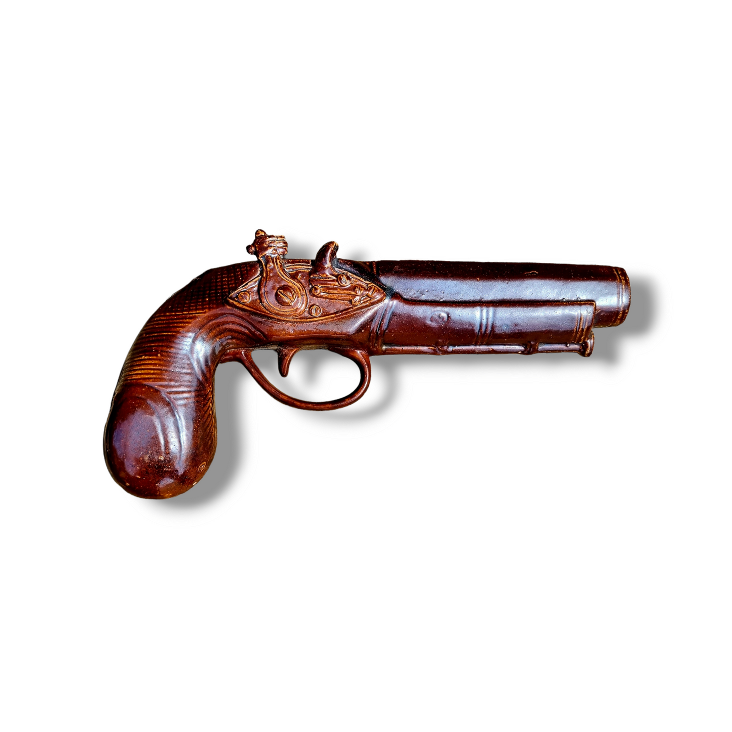 19th Century English Antique Salt-glazed Stoneware Pottery Pistol-Shaped Whisky Flask by Stephen Green, Imperial Potteries, Lambeth, London, Circa 1831-1858