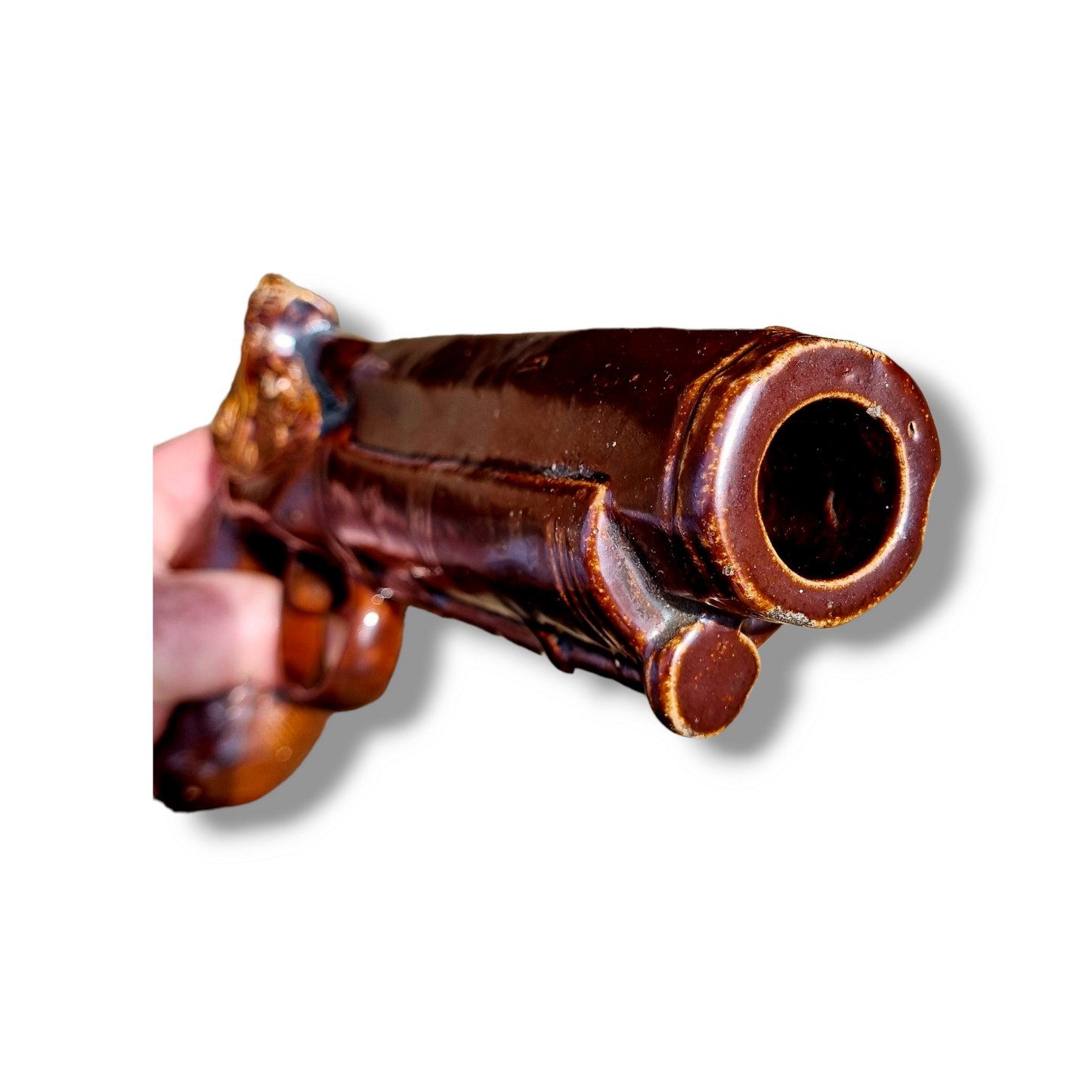 19th Century English Antique Salt-glazed Stoneware Pottery Pistol-Shaped Whisky Flask by Stephen Green, Imperial Potteries, Lambeth, London, Circa 1831-1858