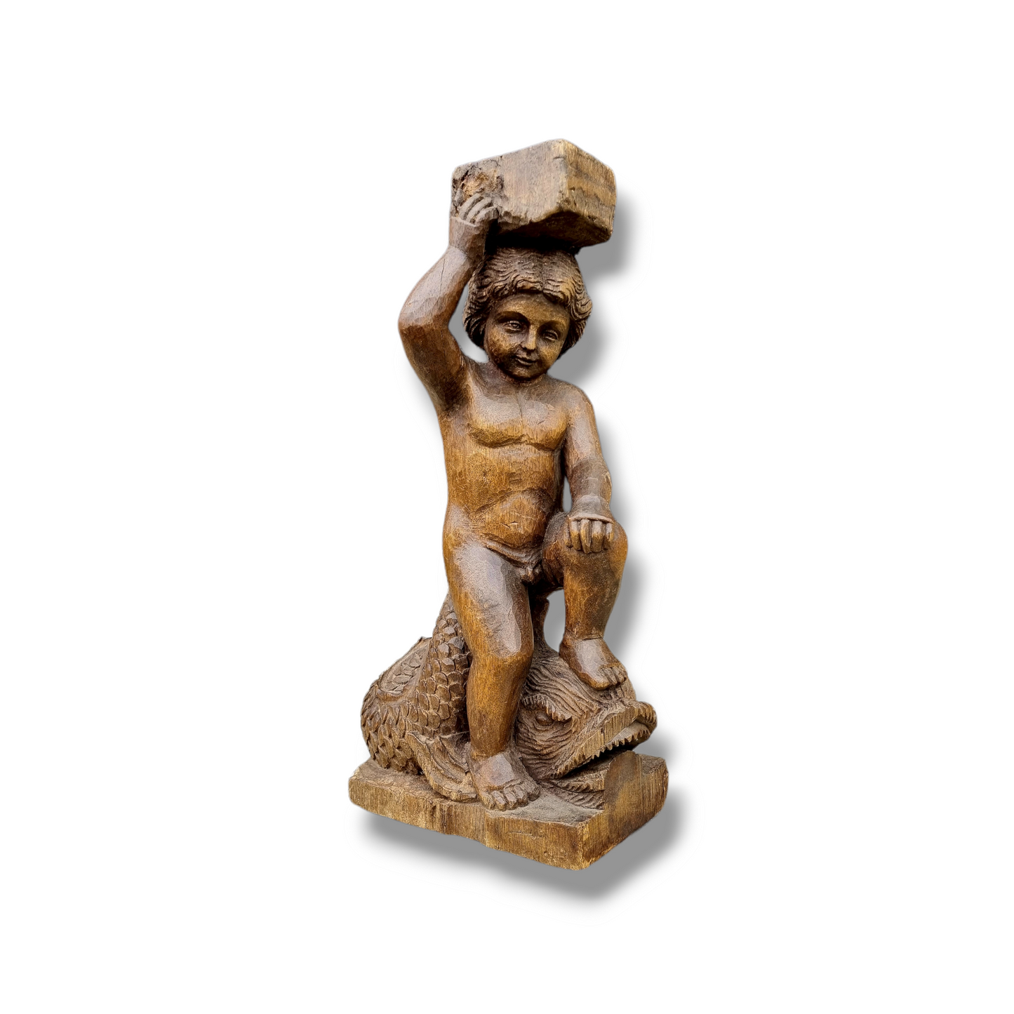19thC Antique Carved Wood Sculpture of Palaemon, The Greco-Roman Sea God, Riding Upon A Dolphin