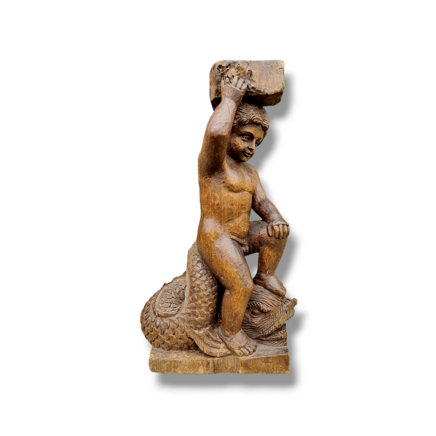 19thC Antique Carved Wood Sculpture of Palaemon, The Greco-Roman Sea God, Riding Upon A Dolphin