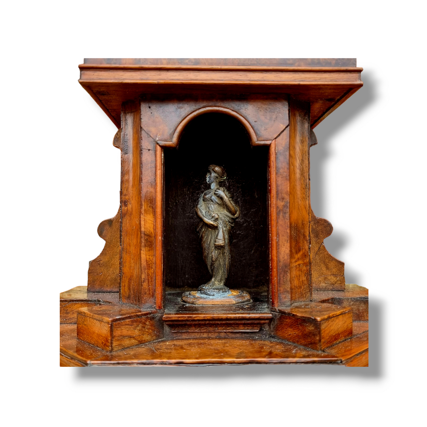 Grand Tour Interest - An 18th Century Italian Antique Walnut Architectural Model of a Roman Temple With a Classical Bronze Statue of Venus