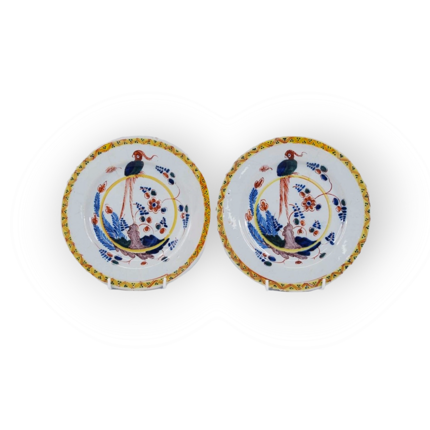 A pair of early 18th Century English antique polychrome delftware plates, attributed to Norfolk House Pottery, Lambeth, London, circa 1730