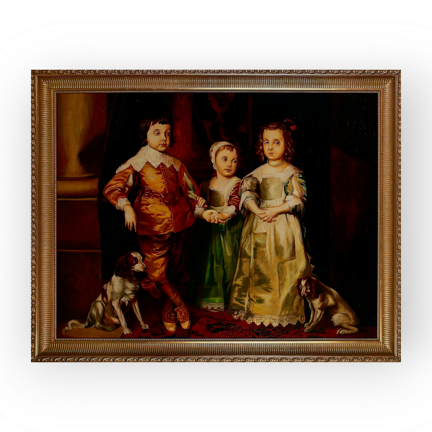 Follower of Van Dyck (1599-1641) - Early 19th Century English School Antique Oil On Canvas Portrait, In The 17th Century Manner, of The Three Eldest Children of King Charles I