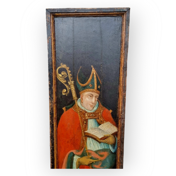 16th Century Spanish Antique Rood Screen Panel, Painted With A Full-Length Portrait Of A Bishop Saint