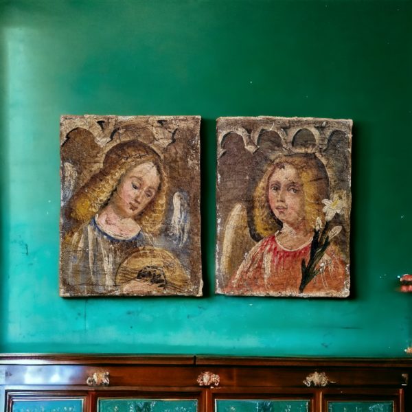 Pair of Late 18th Century Italian Antique Frescos in the Gothic Manner Depicting Angels